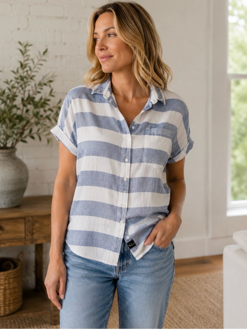 Rails Striped Short-Sleeve Button-Up Top in Blue and White S